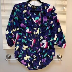Yumi Kim Blue/Purple Floral Blouse 100% Silk